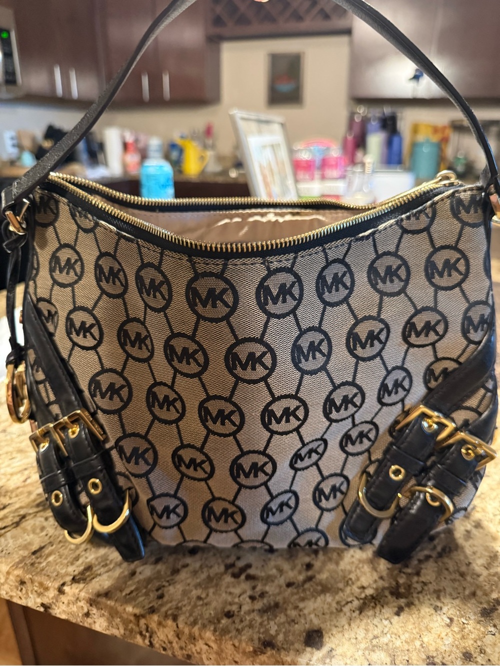 Michael Kors Beige and Black Signature Canvas Shoulder Bag